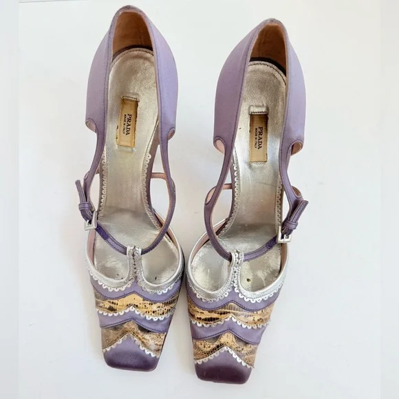 Prada Vintage Lilac Satin Snakeskin Trim Cutout Mary Jane T-Strap Heels EU38 - Picture 3 of 11